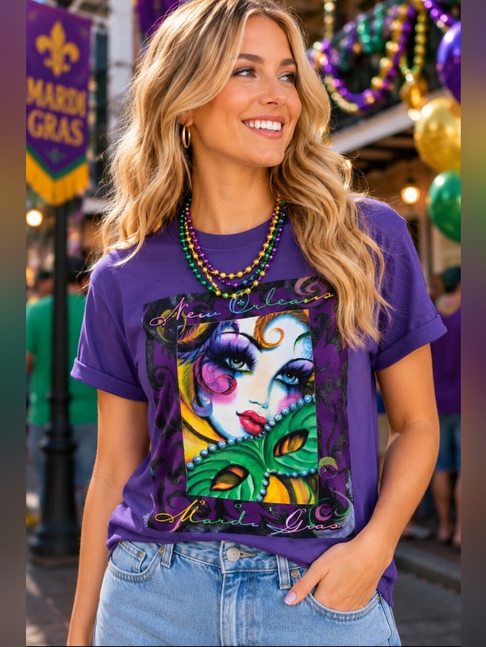 Vintage 2003 New Orleans Mardi Gras Graphic Tee Purple Mask Art Shirt Size Small